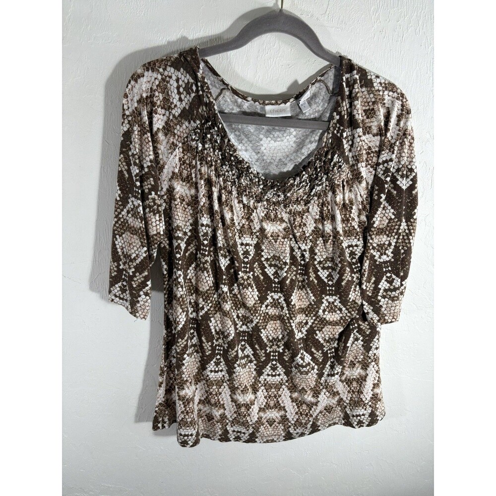 CHICOS Brown Reptile Snakeskin Animal Print Embellish Stretch shirt Sz 2 Large